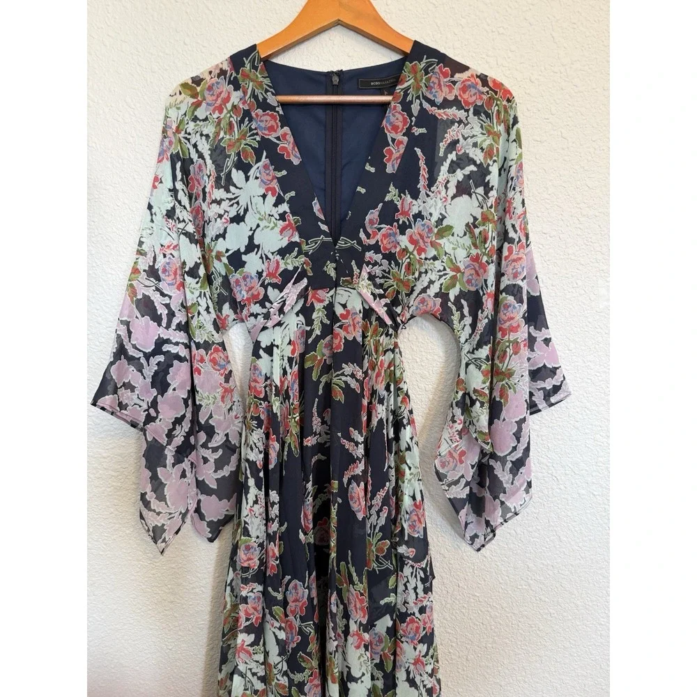 BCBGMAXAZRIA Navy Floral Silk Maxi Dress XXS Spring Wedding Guest Graduation